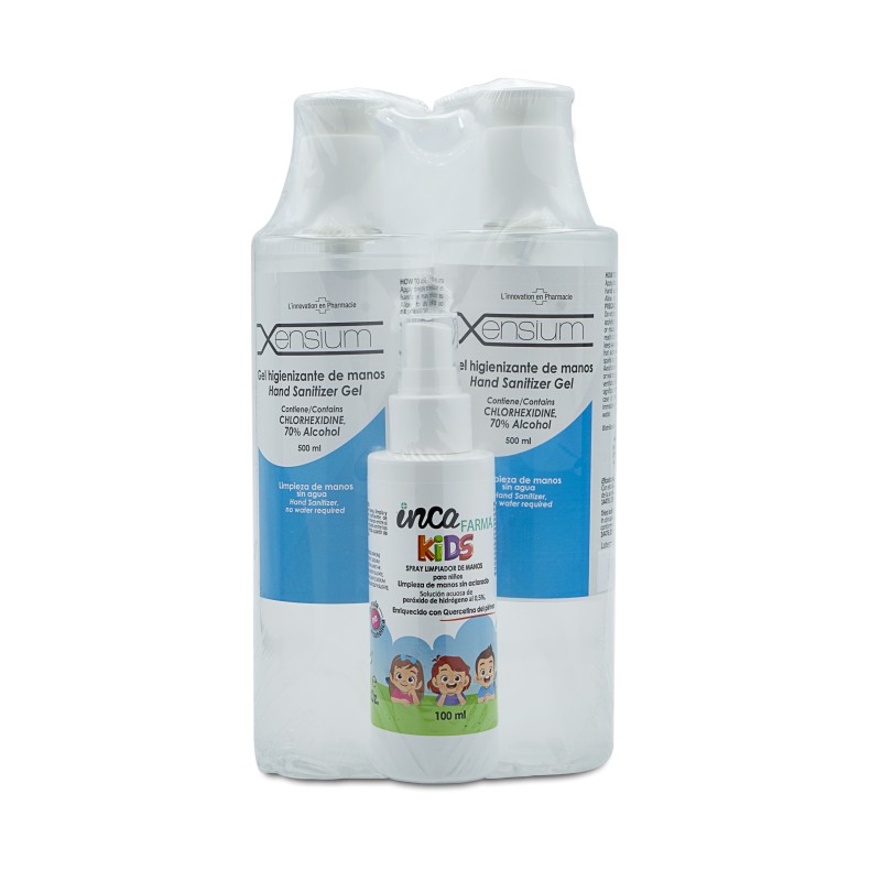 XENSIUM gel higienizante de manos 2x500 ml + spray niños Pack