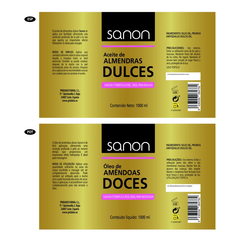 SANON Aceite de Almendras dulces 1000 ml