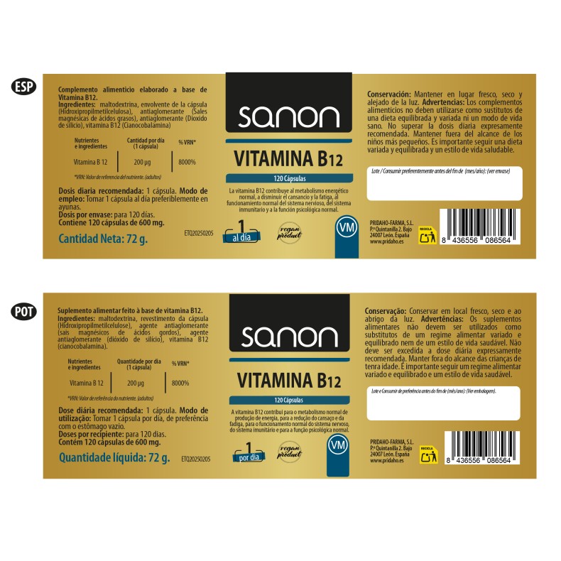 SANON Vitamina B12 120 cápsulas SANON Vitamina B12 120 cápsulas