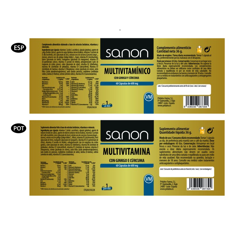 SANON Multivitamínico con Ginkgo y Cúrcuma 60 cápsulas