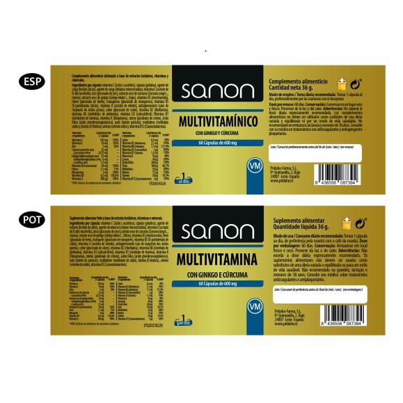 SANON Multivitamínico con Ginkgo y Cúrcuma 60 cápsulas