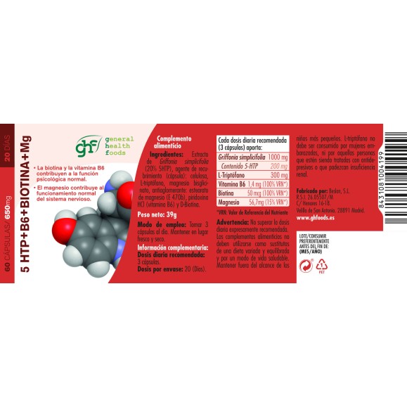 GHF 5-HTP+B6+biotina+mg 60 cápsulas