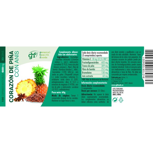 GHF Corazon de Piña con anis 100 comprimidos masticables de 600 mg