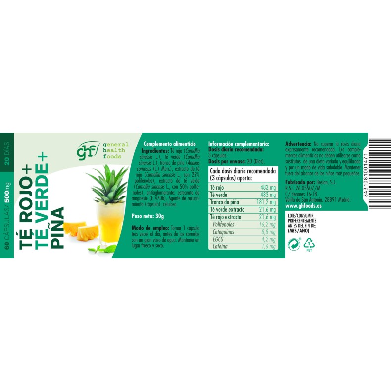 GHF Té verde, té rojo y piña 60 cápsulas 500 mg