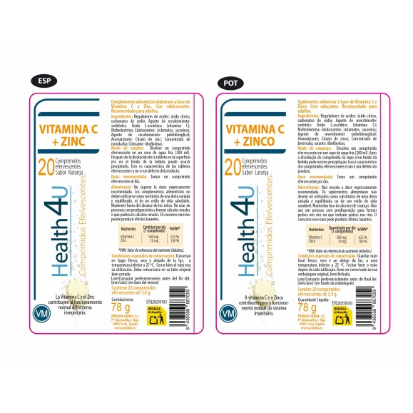 H4U Vitamina C + Zinc vitaminas y minerales 20 comprimidos efervescentes pack 3