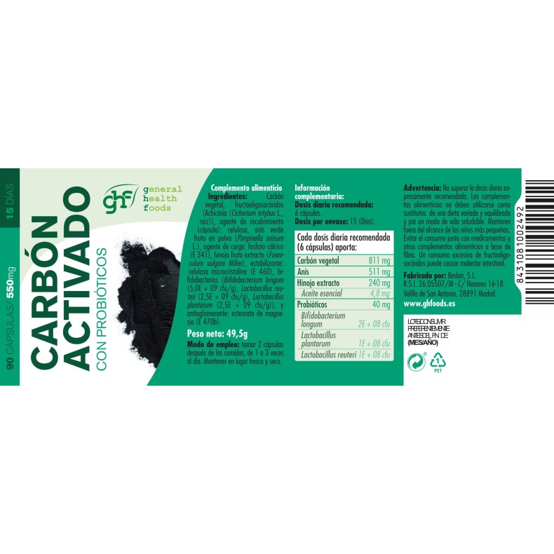 GHF Carbón activado con probióticos 90 cápsulas 550 mg
