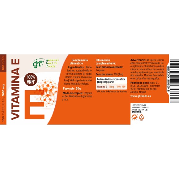 GHF Vitamina E 100 cápsulas 500 mg
