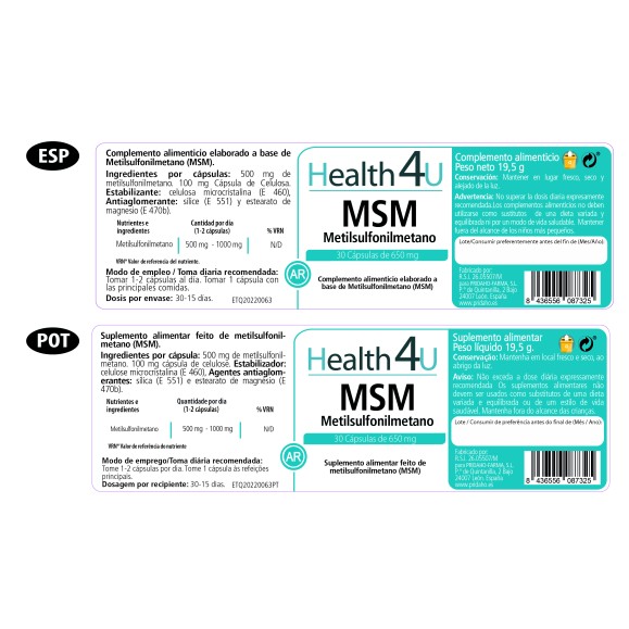 H4U MSM Metilsulfonilmetano 30 cápsulas