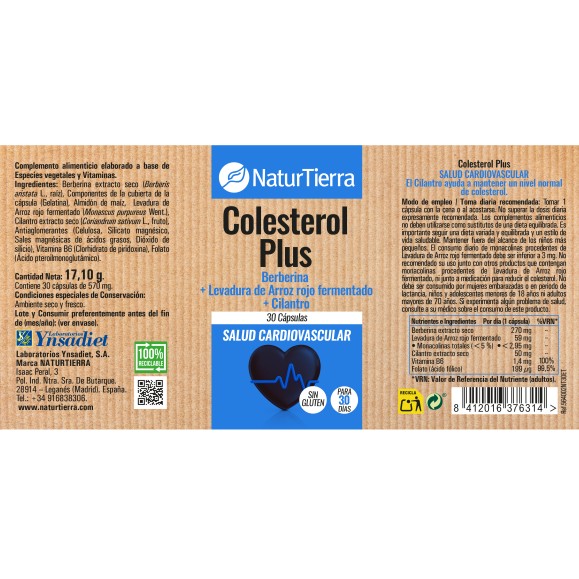 NATURTIERRA Colesterol plus berberina + levadura de arroz rojo fermentado + cilantro 30 cápsulas