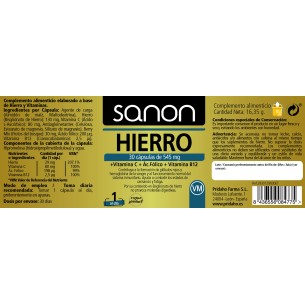 SANON Hierro+Vitamina C+Ácido fólico+ Vitamina B12 30 cápsulas vegetales 2