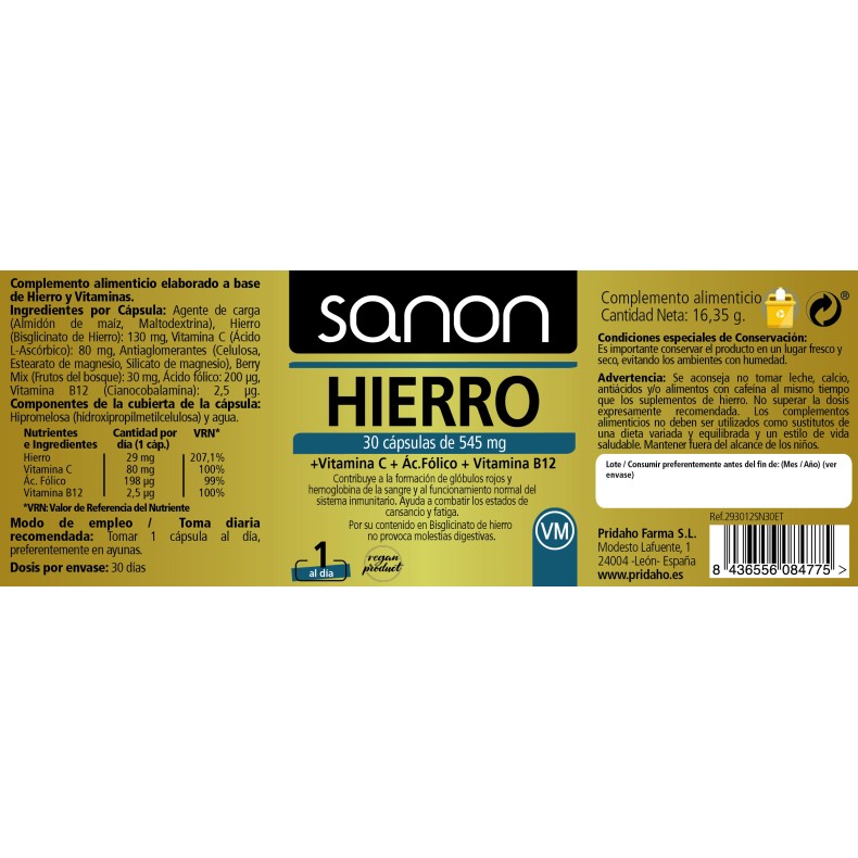 SANON Hierro+Vitamina C+Ácido fólico+ Vitamina B12 30 cápsulas vegetales