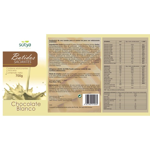 SOTYA Batido sabor chocolate blanco 700 gr