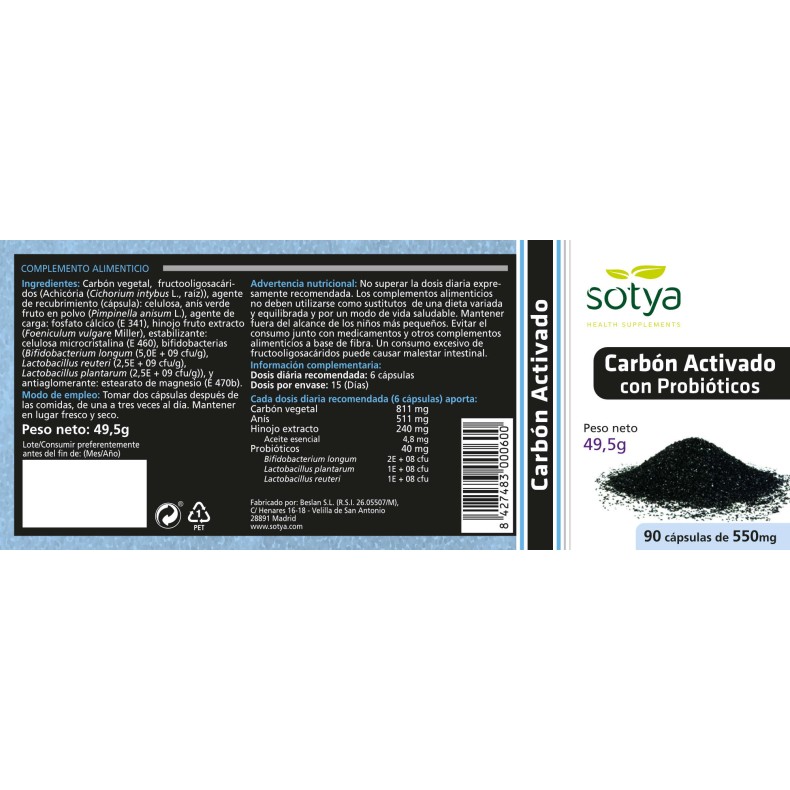 SOTYA Carbón activado con probióticos 90 cápsulas 550 mg