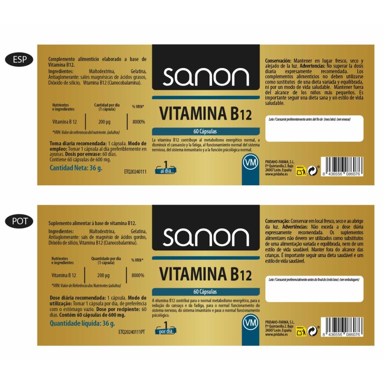 SANON Vitamina B12 60 cápsulas