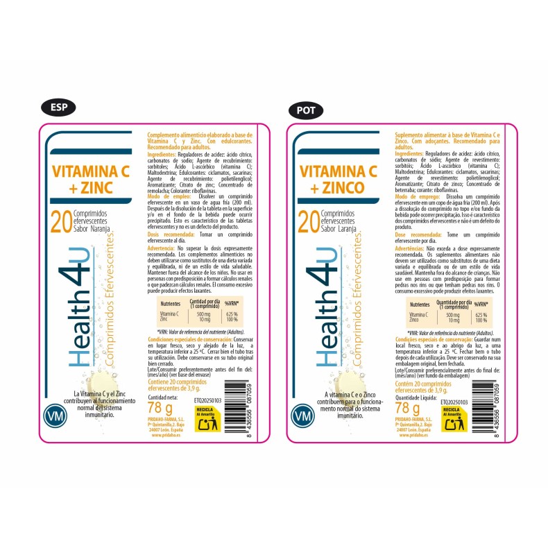 H4U Vitamina C + Zinc 20 comprimidos efervescentes sabor naranja