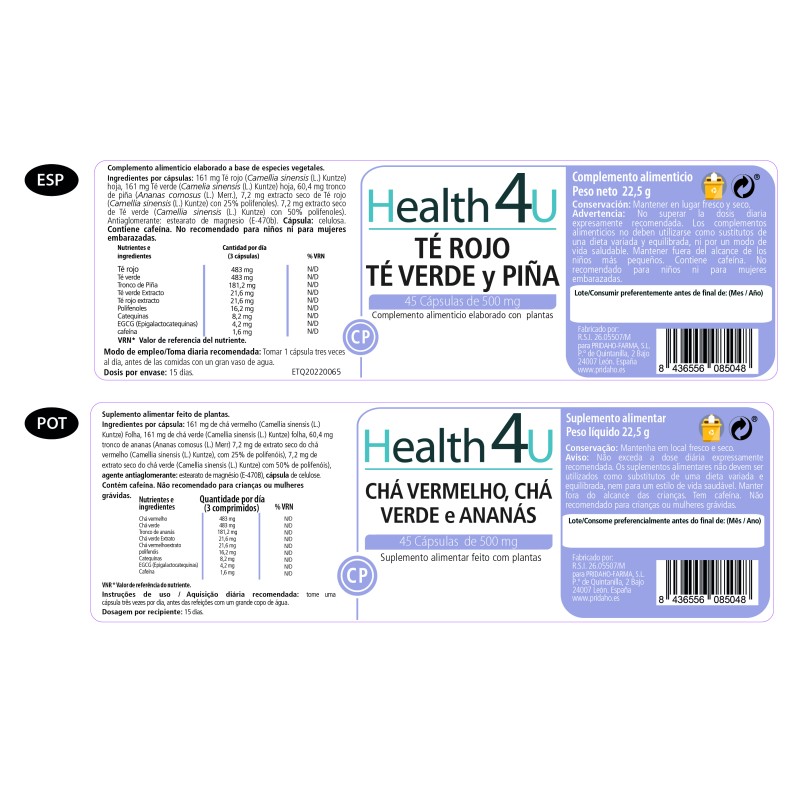 H4U Té Rojo, Té Verde y Piña 45 cápsulas