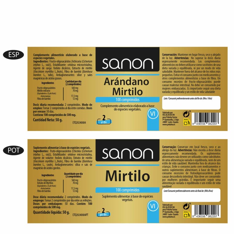 SANON Arándano Mirtillo 100 comprimidos