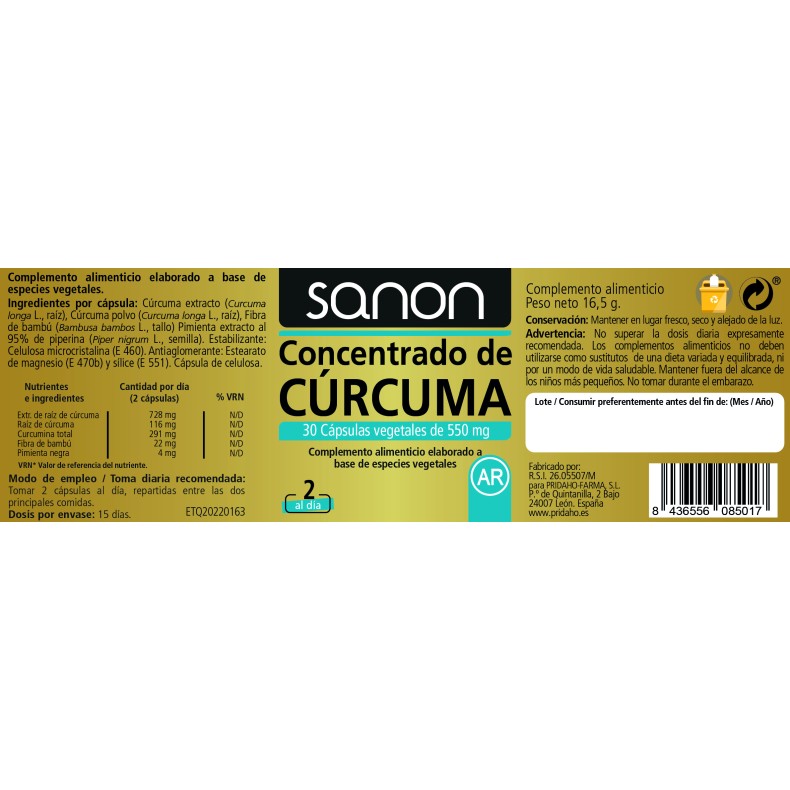 SANON Concentrado de Cúrcuma 30 cápsulas vegetales pack 3