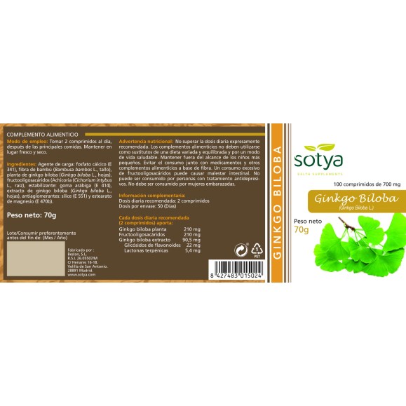 SOTYA Ginkgo biloba 100 comprimidos de 700 mg