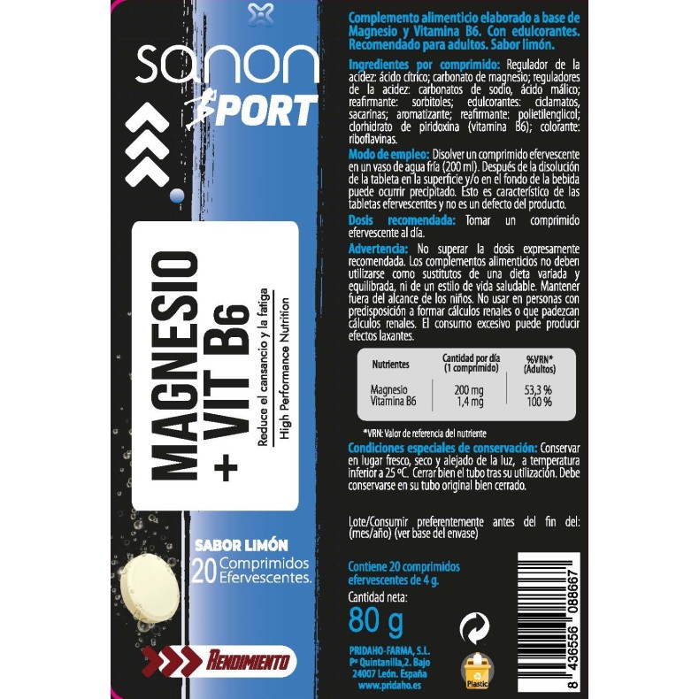 SANON SPORT Magnesio + vitamina B6 20 comprimidos efervescentes sabor limón