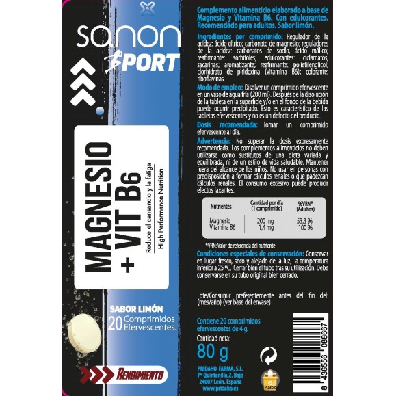 SANON SPORT Magnesio + vitamina B6 20 comprimidos efervescentes sabor limón