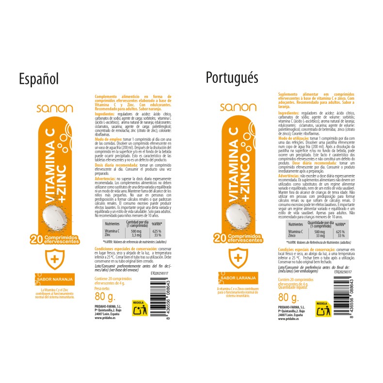 SANON Vitamina C + Zinc 20 comprimidos efervescentes sabor naranja