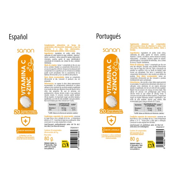 SANON Vitamina C + Zinc 20 comprimidos efervescentes sabor naranja