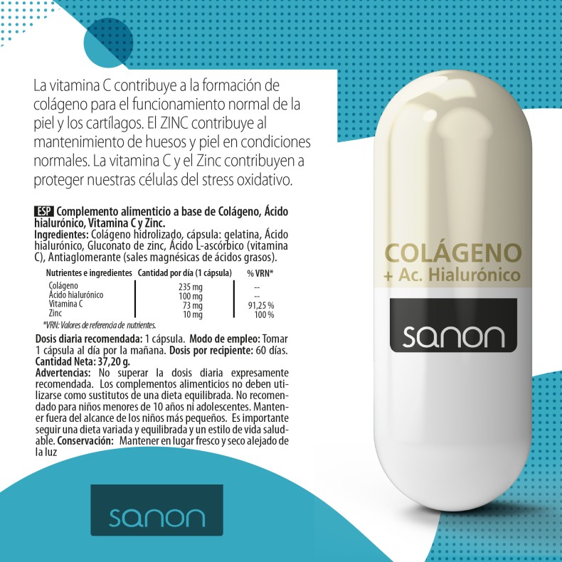SANON Colágeno + Ácido Hialurónico 60 cápsulas pack 3