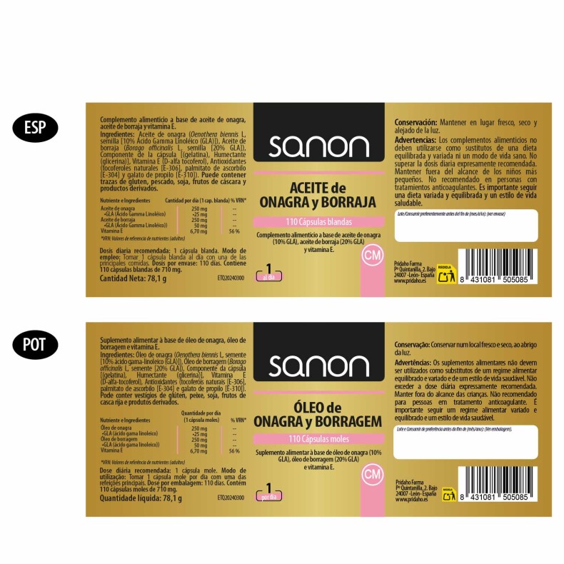 SANON Aceite de Onagra y Borraja 110 cápsulas blandas