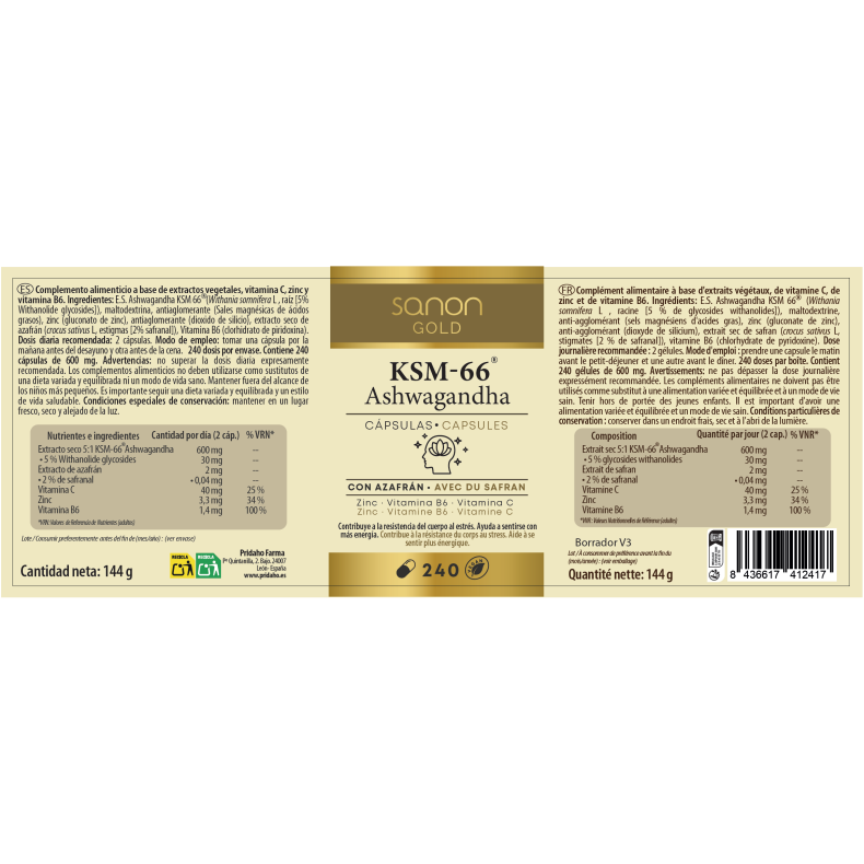 SANON GOLD Ashwagandha KSM-66 240 cápsulas