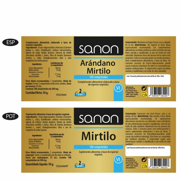SANON Arándano Mirtillo 100 comprimidos