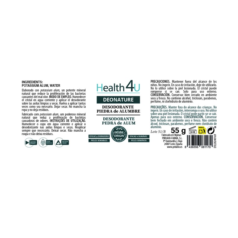 H4U DEONATURE Desodorante Piedra de Alumbre 55g