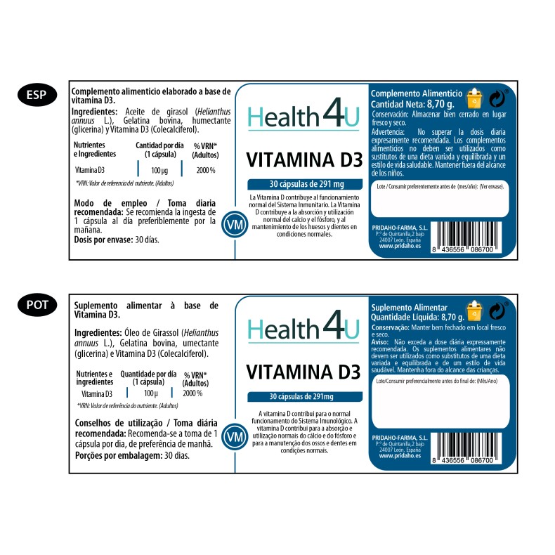 H4U vitamina D3 30 cápsulas