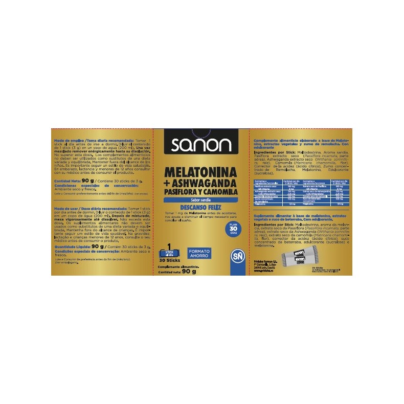 SANON Melatonina + Ashwanda - Pasiflora y Camomila 30 sticks sabor sandía