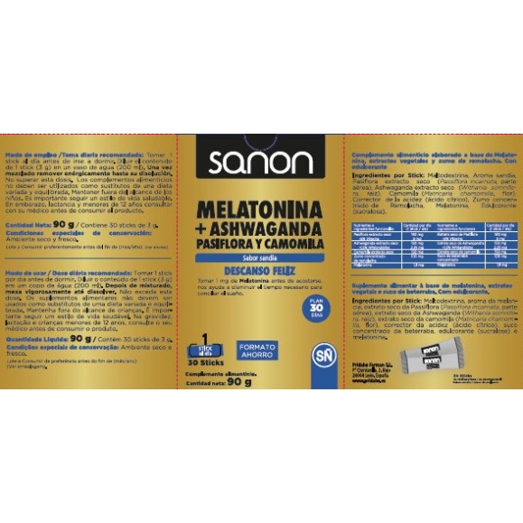 SANON Melatonina + Ashwanda - Pasiflora y Camomila 30 sticks sabor sandía