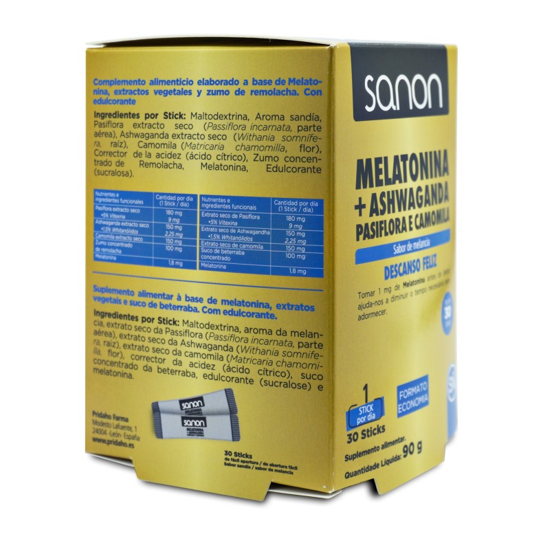 SANON Melatonina + Ashwanda - Pasiflora y Camomila 30 sticks sabor sandía