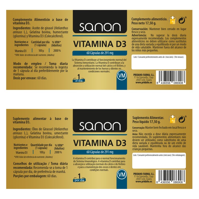 SANON Vitamina D3 60 cápsulas blandas