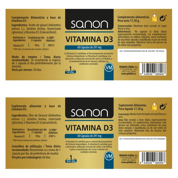 SANON Vitamina D3 60 cápsulas blandas