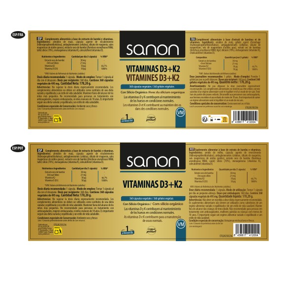 SANON Vitaminas D3+K2 360 cápsulas vegetales