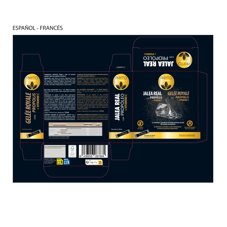 PHYTOFARMA Jalea real con propóleo + Vitamina C 12 stick de 10 ml