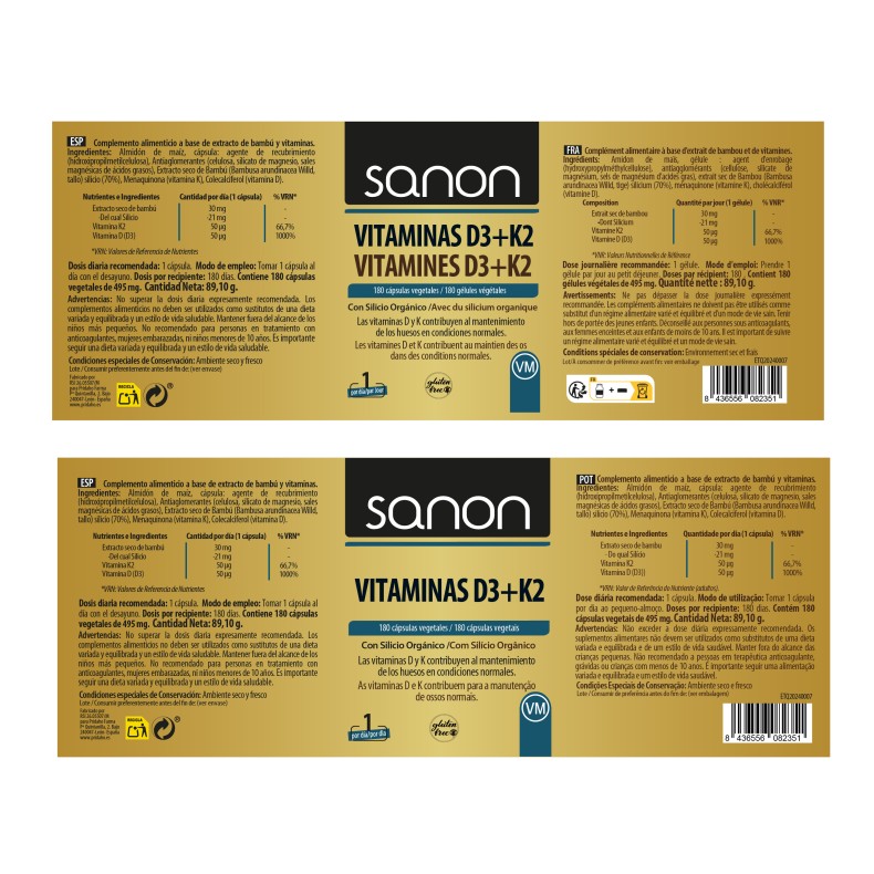 SANON Vitamina D3 + K2 180 cápsulas vegetales