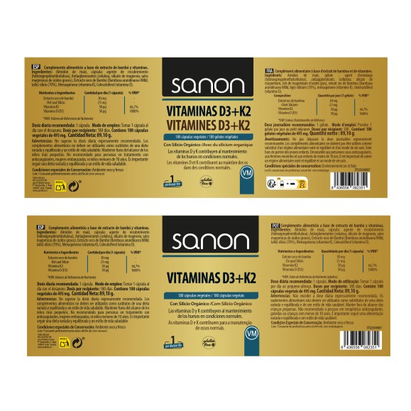 SANON Vitamina D3 + K2 180 cápsulas vegetales