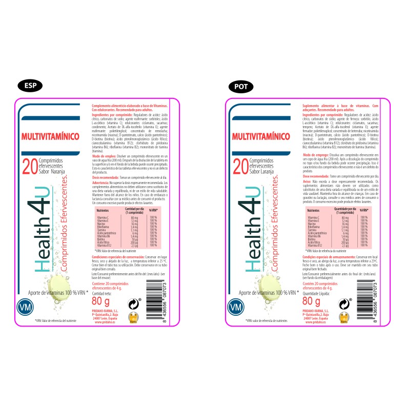 H4U Multivitamínico 20 comprimidos efervescentes sabor naranja