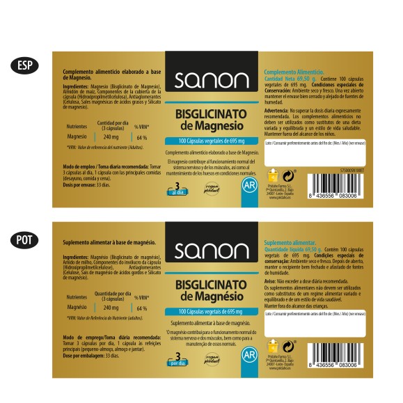 SANON Bisglicinato de Magnesio 100 cápsulas vegetales