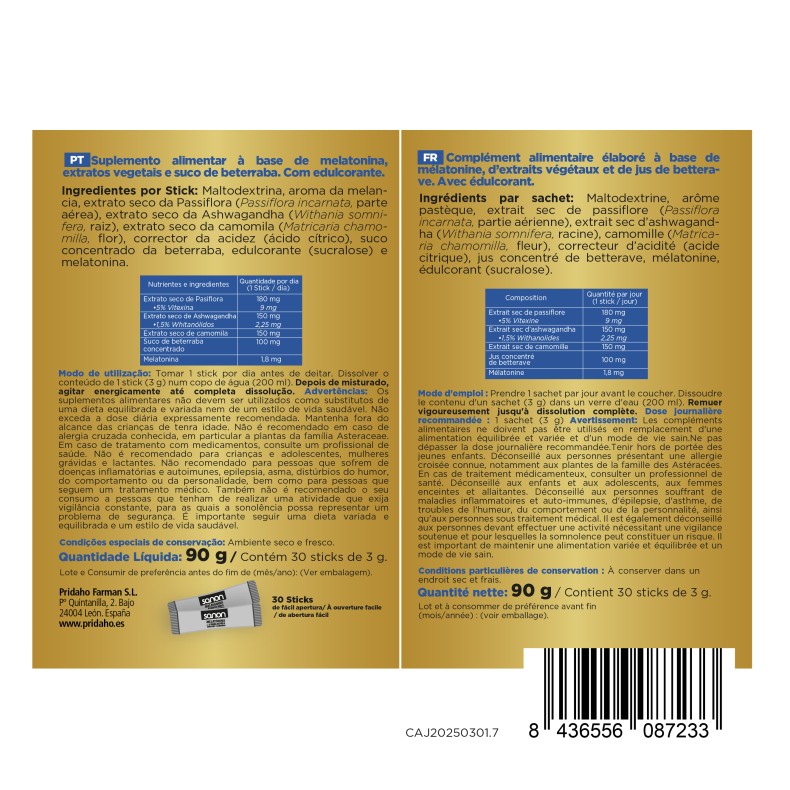 SANON Melatonina + Ashwagandha - Pasiflora y Camomila 30 sticks sabor sandía