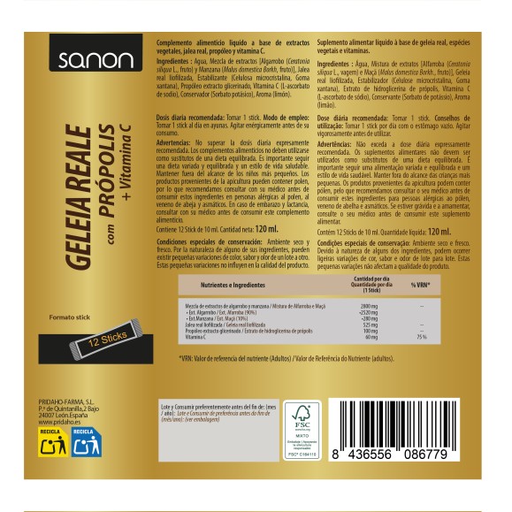 SANON Jalea Real Propóleo y Vitamina C ZERO 12 sticks
