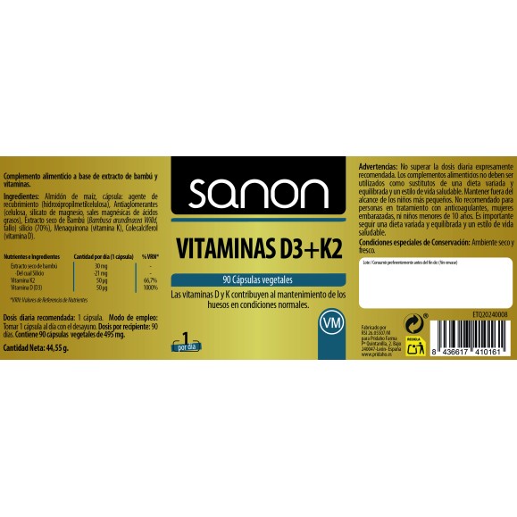 SANON Vitaminas D3+K2 90 cápsulas vegetales