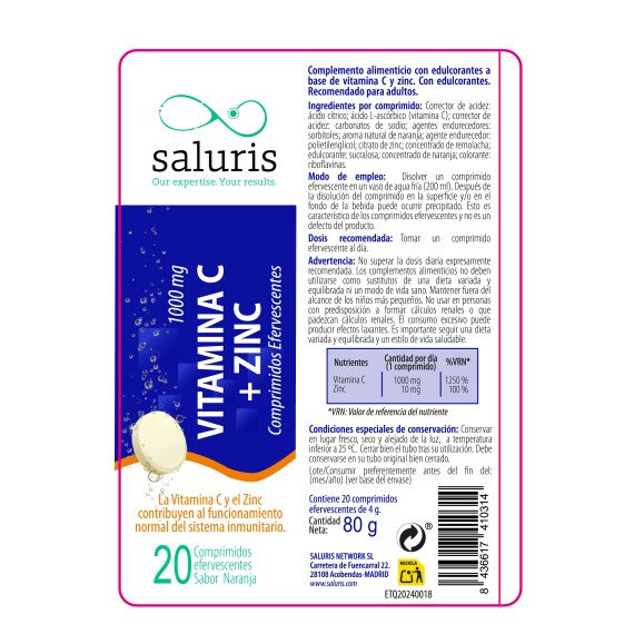 SALURIS Vitamina C + zinc 20 comprimidos efervescentes