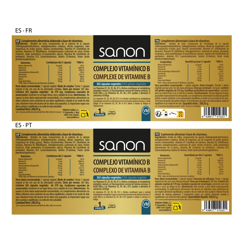 SANON Complejo Vitamínico B 365 cápsulas vegetales