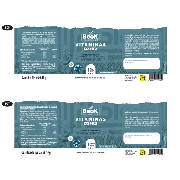 BEOK Vitamina D3 + K2 180 cápsulas vegetales